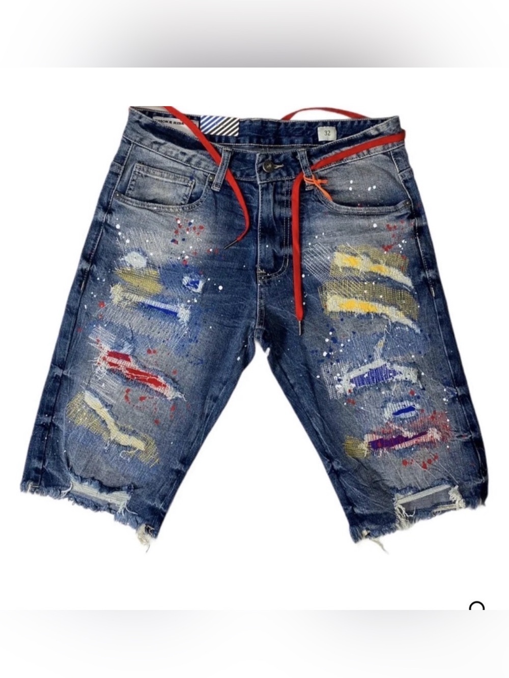 Smoke Rise Men's Distressed Jean Colorful Paint Patch Stretch Denim Shorts Sz 34